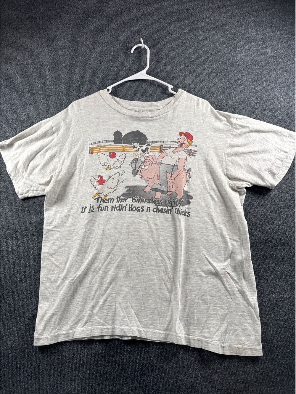 Vintage Biker Hogs Chicks Funny Graphic T-Shirt Gray XL Motorcycle Humor